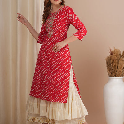 Bandhani Printed & Gota Patti Embroidered Straight Fit Kurta - Red
