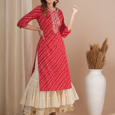 Bandhani Printed & Gota Patti Embroidered Straight Fit Kurta - Red