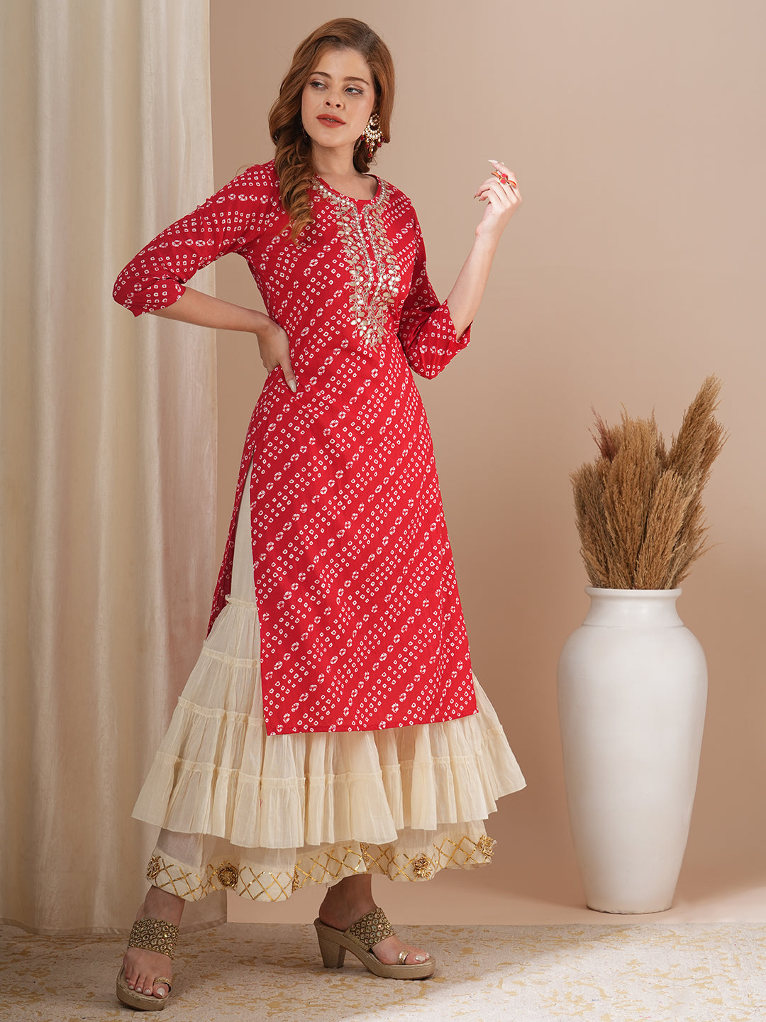 Bandhani Printed & Gota Patti Embroidered Straight Fit Kurta - Red