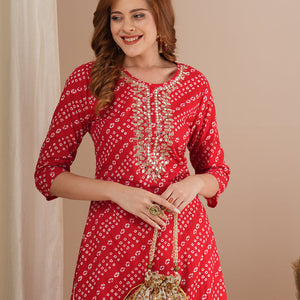 Bandhani Printed & Gota Patti Embroidered Straight Fit Kurta - Red
