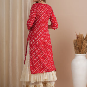 Bandhani Printed & Gota Patti Embroidered Straight Fit Kurta - Red