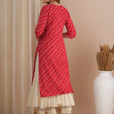 Bandhani Printed & Gota Patti Embroidered Straight Fit Kurta - Red