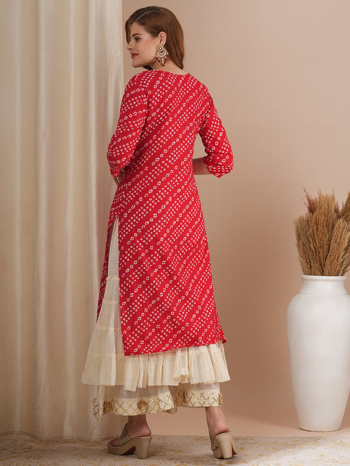 Bandhani Printed & Gota Patti Embroidered Straight Fit Kurta - Red