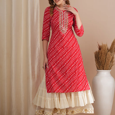 Bandhani Printed & Gota Patti Embroidered Straight Fit Kurta - Red