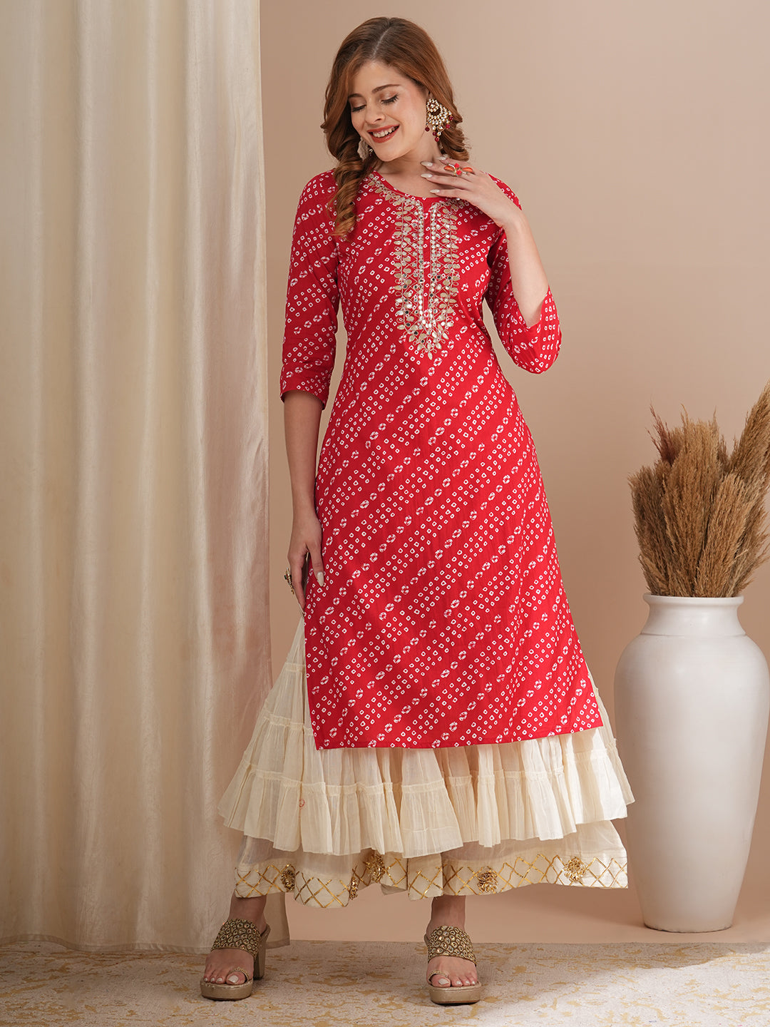 Bandhani Printed & Gota Patti Embroidered Straight Fit Kurta - Red