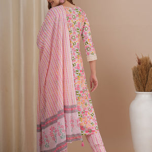 Floral Printed & Embroidered Straight Kurta with Pant & Dupatta - Pink