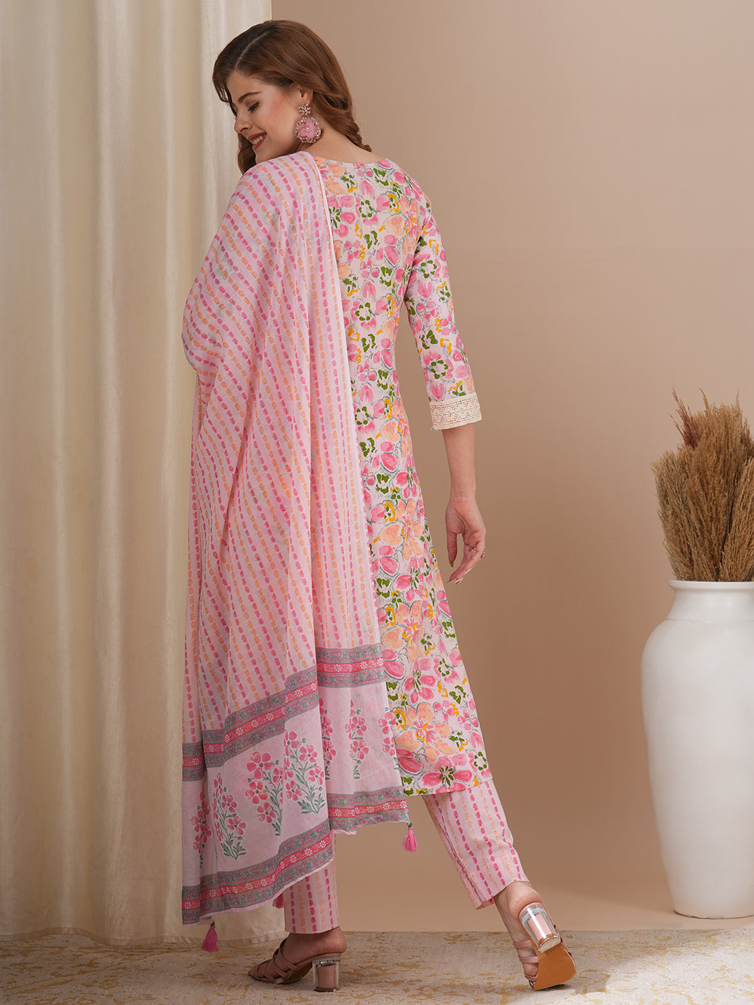 Floral Printed & Embroidered Straight Kurta with Pant & Dupatta - Pink