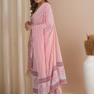 Floral Printed & Embroidered Straight Kurta with Pant & Dupatta - Pink
