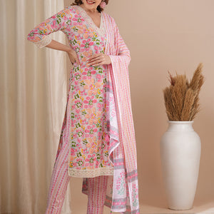 Floral Printed & Embroidered Straight Kurta with Pant & Dupatta - Pink