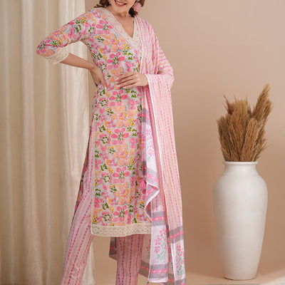 Floral Printed & Embroidered Straight Kurta with Pant & Dupatta - Pink