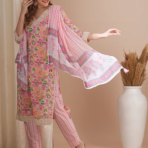 Floral Printed & Embroidered Straight Kurta with Pant & Dupatta - Pink