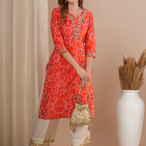 Abstract Printed & Zari Embroidered Straight Fit Kurta - Pink