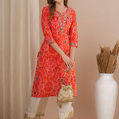 Abstract Printed & Zari Embroidered Straight Fit Kurta - Pink