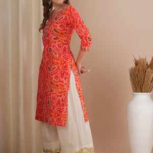 Abstract Printed & Zari Embroidered Straight Fit Kurta - Pink