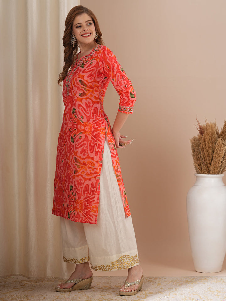 Abstract Printed & Zari Embroidered Straight Fit Kurta - Pink