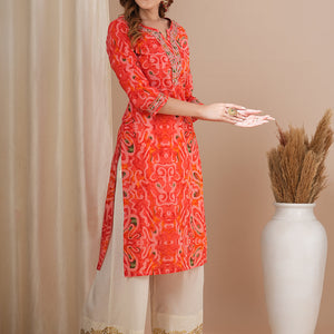Abstract Printed & Zari Embroidered Straight Fit Kurta - Pink