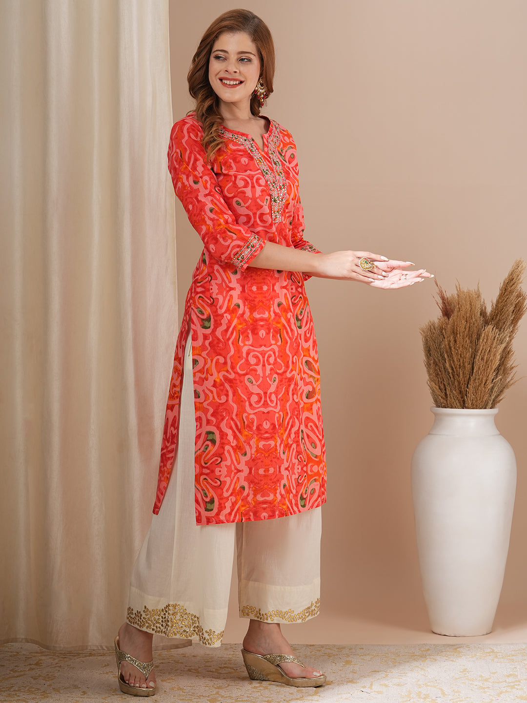 Abstract Printed & Zari Embroidered Straight Fit Kurta - Pink