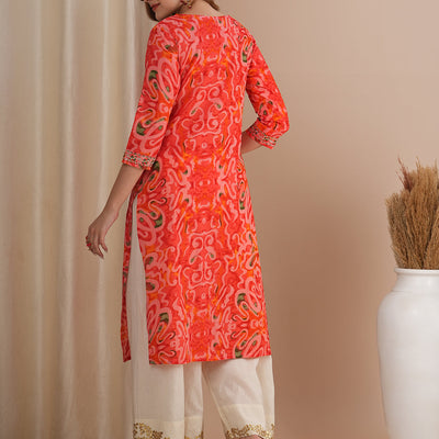 Abstract Printed & Zari Embroidered Straight Fit Kurta - Pink