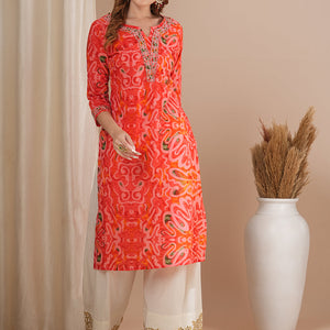 Abstract Printed & Zari Embroidered Straight Fit Kurta - Pink