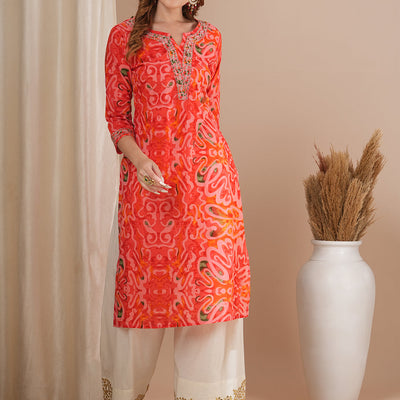 Abstract Printed & Zari Embroidered Straight Fit Kurta - Pink
