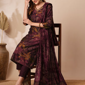Floral Foil Printed & Embroidered Straight Kurta with Pant & Dupatta - Burgundy