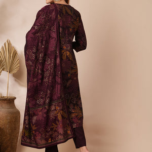 Floral Foil Printed & Embroidered Straight Kurta with Pant & Dupatta - Burgundy