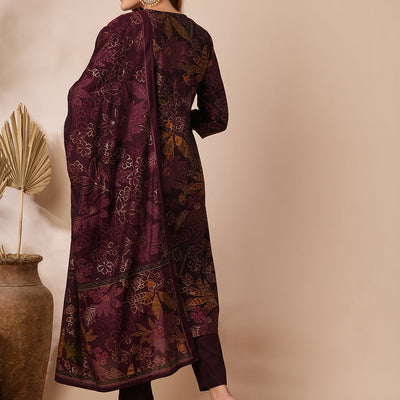 Floral Foil Printed & Embroidered Straight Kurta with Pant & Dupatta - Burgundy