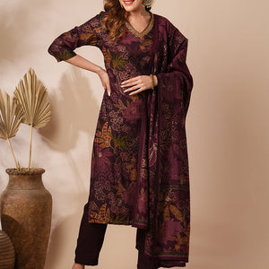 Floral Foil Printed & Embroidered Straight Kurta with Pant & Dupatta - Burgundy