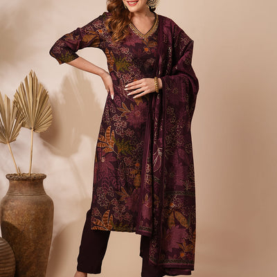Floral Foil Printed & Embroidered Straight Kurta with Pant & Dupatta - Burgundy