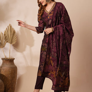 Floral Foil Printed & Embroidered Straight Kurta with Pant & Dupatta - Burgundy