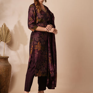 Floral Foil Printed & Embroidered Straight Kurta with Pant & Dupatta - Burgundy