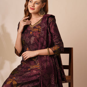 Floral Foil Printed & Embroidered Straight Kurta with Pant & Dupatta - Burgundy