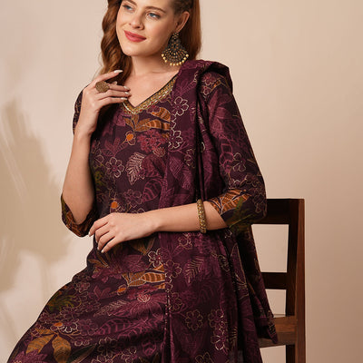 Floral Foil Printed & Embroidered Straight Kurta with Pant & Dupatta - Burgundy