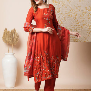 Solid Floral Embroidered Straight Kurta with Pant & Dupatta - Rust