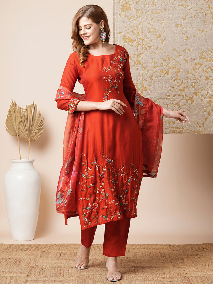 Solid Floral Embroidered Straight Kurta with Pant & Dupatta - Rust