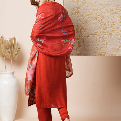 Solid Floral Embroidered Straight Kurta with Pant & Dupatta - Rust