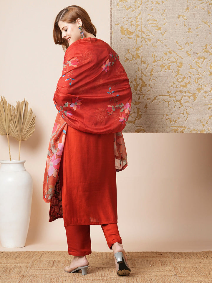 Solid Floral Embroidered Straight Kurta with Pant & Dupatta - Rust