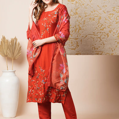 Solid Floral Embroidered Straight Kurta with Pant & Dupatta - Rust