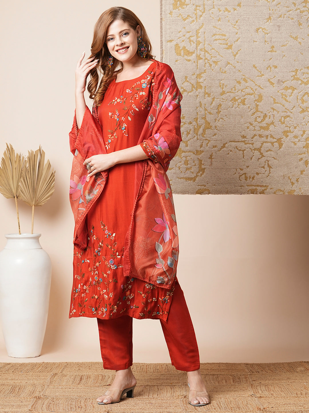 Solid Floral Embroidered Straight Kurta with Pant & Dupatta - Rust