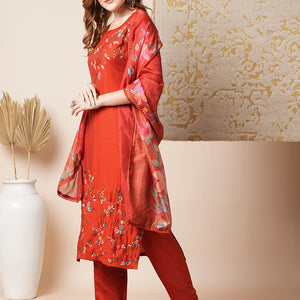 Solid Floral Embroidered Straight Kurta with Pant & Dupatta - Rust