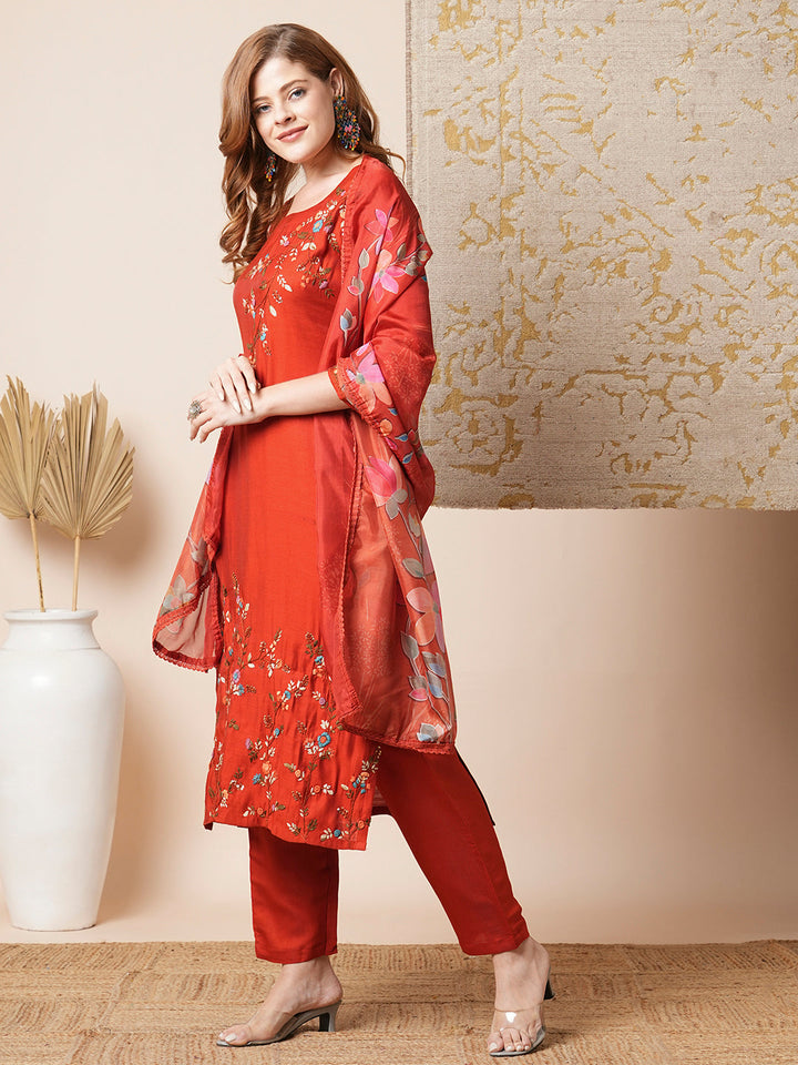 Solid Floral Embroidered Straight Kurta with Pant & Dupatta - Rust