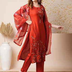 Solid Floral Embroidered Straight Kurta with Pant & Dupatta - Rust