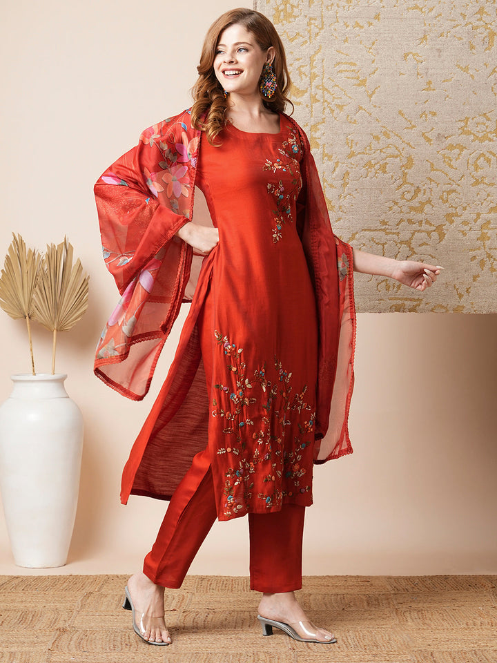 Solid Floral Embroidered Straight Kurta with Pant & Dupatta - Rust