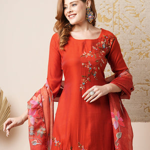 Solid Floral Embroidered Straight Kurta with Pant & Dupatta - Rust