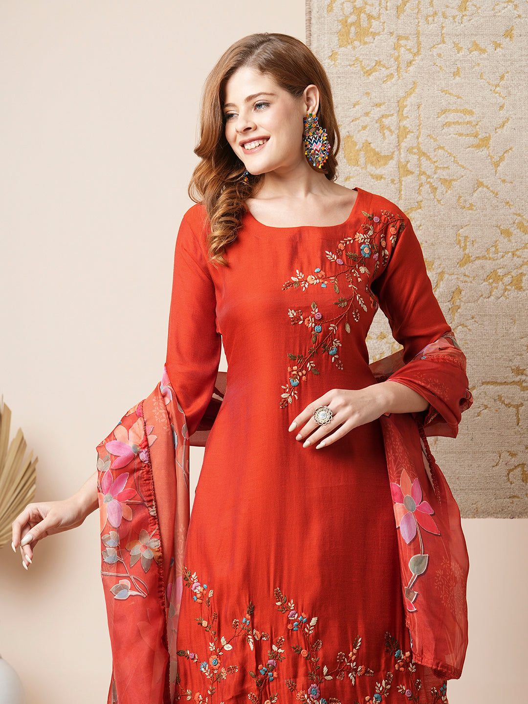 Solid Floral Embroidered Straight Kurta with Pant & Dupatta - Rust