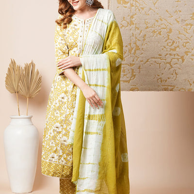 Floral & Chevron Printed Embroidered Anarkali with Pant & Tie Dyed Dupatta - Mustard Green