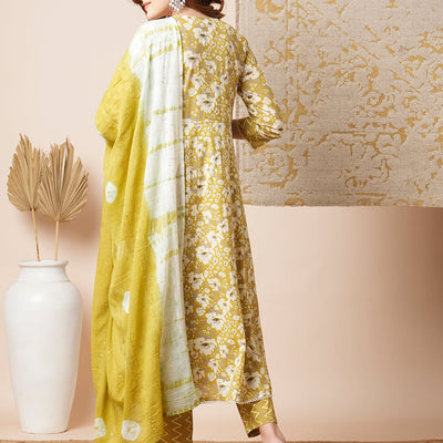 Floral & Chevron Printed Embroidered Anarkali with Pant & Tie Dyed Dupatta - Mustard Green