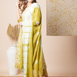 Floral & Chevron Printed Embroidered Anarkali with Pant & Tie Dyed Dupatta - Mustard Green