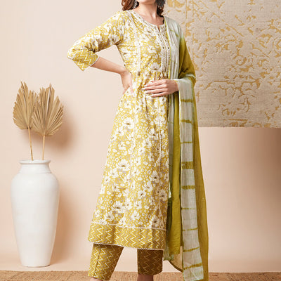 Floral & Chevron Printed Embroidered Anarkali with Pant & Tie Dyed Dupatta - Mustard Green