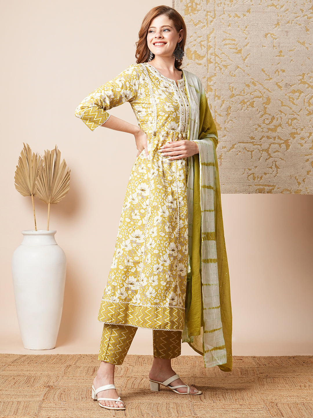 Floral & Chevron Printed Embroidered Anarkali with Pant & Tie Dyed Dupatta - Mustard Green